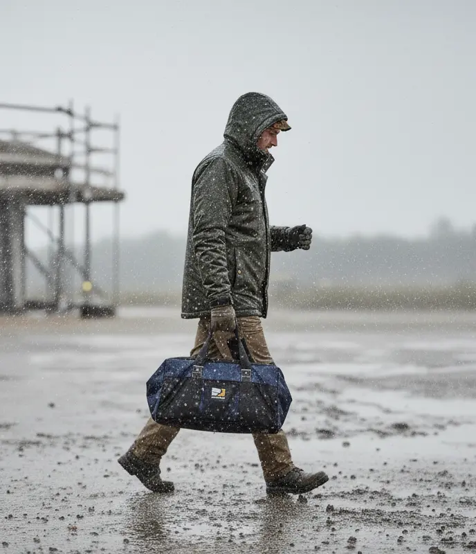 Parka Totem Bosseur en situation avec sac outils Bosseur carree.webp
